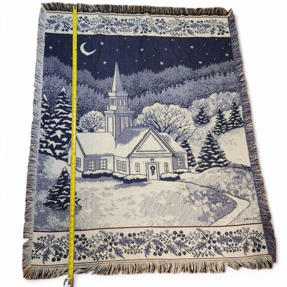 Tapestry Throw Blanket – Mohawk Home, Blue & White, 58x47 Winter Christmas Night - Picture 1 of 6
